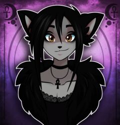  alternative_fashion ankh anthro black_body black_fur black_hair brown_eyes choker digital_media_(artwork) domestic_cat eyeshadow felid feline felis femboy fur goth grey_body grey_fur hair illustration jewelry kai_(ratchetjak) lace makeup male mammal necklace ratchetjak solo 