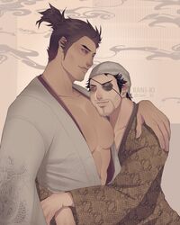  2boys alternate_costume bara bare_pectorals brown_hair eyepatch face_to_pecs facial_hair from_side goatee hand_on_another&#039;s_shoulder high_ponytail highres hug japanese_clothes kimono kiryu_kazuma large_hands large_pectorals long_sideburns looking_at_another looking_at_viewer majima_goro male_focus mature_male miyamoto_musashi_(kenzan) multiple_boys nipples nude pectoral_pillow pectorals rani_ki ryuu_ga_gotoku_(series) ryuu_ga_gotoku_kenzan shishido_baiken_(ryuu_ga_gotoku_kenzan) short_hair sideburns sideburns_stubble smile stubble thick_eyebrows upper_body yaoi 