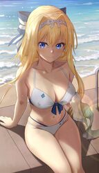  absurdres alice_zuberg bare_shoulders beach blonde_hair blue_eyes breasts cleavage commentary_request feet_out_of_frame female grey_hairband hairband highres large_breasts long_hair looking_at_viewer navel sigure_yusyo smile solo standing stomach sword_art_online sword_art_online:_alicization thighs very_long_hair water 