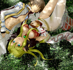  1boy arch_bishop_(ragnarok_online) argyle_clothes argyle_dress belt blonde_hair blue_eyes book brown_hair commentary dress female highres jewelry legs md5_mismatch mieln necklace no_panties on_grass open_clothes pointy_ears ragnarok_online see-through see-through_dress sleeping smile sorcerer_(ragnarok_online) thighs 