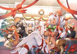  5girls amenosaka_nono animal_ears bell black_dress blue_eyes blue_hair blurry blurry_background bow breasts christmas christmas_tree christmas_wreath copyright_notice crossed_legs dark-skinned_female dark_skin detached_sleeves dress fur-trimmed_dress fur-trimmed_headwear fur_trim green_bow grey_hair hair_between_eyes hairbow hat heterochromia high_heels iris_(pride_of_eden) large_breasts leopard_ears leopard_tail long_hair monica_(pride_of_eden) multiple_girls nenel_(pride_of_eden) nouet_(pride_of_eden) oerba_yun_fang official_art open_mouth orange_hair puffy_sleeves red:_pride_of_eden red_bow red_dress red_eyes red_headwear red_nails red_ribbon ribbon santa_hat sara_(pride_of_eden) sitting suspenders tail tail_ornament tail_ribbon thighhighs two-tone_nails white_footwear white_nails white_sleeves white_thighhighs wreath yellow_eyes 