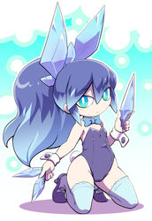  aqua_eyes blue_hair blue_thighhighs bow bowtie breasts cameltoe cleavage female fubukihime high_ponytail kneeling leotard long_hair looking_at_viewer multicolored_hair nollety playboy_bunny rabbit_tail solo strapless strapless_leotard tail thighhighs traditional_youkai two-tone_hair wrist_cuffs youkai_(youkai_watch) youkai_watch yuki_onna 