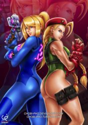  2girls ahoge ass back-to-back bare_legs beret blonde_hair blue_eyes bodysuit braid breasts cammy_white capcom chobi-pho crossover female fingerless_gloves gloves green_leotard gun hat highleg highleg_leotard highres holding holding_gun holding_weapon large_breasts legs leotard lips long_hair looking_at_viewer metroid mole multiple_girls muscle nintendo ponytail red_gloves samus_aran serious shiny shiny_hair sleeveless sleeveless_leotard sleeveless_turtleneck smile standing street_fighter street_fighter_ii turtleneck twin_braids weapon zero_suit zoom_layer 