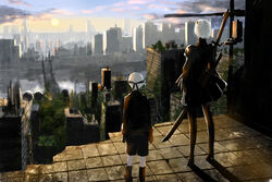  1boy 2b_(nier:automata) 9s_(nier:automata) bad_id bad_pixiv_id black_dress black_legwear black_shorts bridge building cityscape day dress facing_away female from_behind highres nier:automata nier_(series) outdoors overgrown river ruins scenery shorts skyscraper standing sun sword tsuki-shigure virtuous_treaty weapon white_hair 