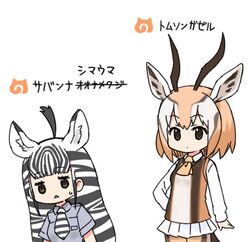  2girls ahoge animal_ears animal_print arm_at_side arms_at_sides ascot black_hair blue_shirt blunt_bangs breast_pocket brown_eyes brown_hair brown_legwear character_name closed_mouth collared_shirt cowboy_shot expressionless extra_ears eyelashes gazelle_ears gazelle_horns gazelle_tail grey_hair grey_legwear hand_on_own_hip height_difference horns japari_symbol jitome jpeg_artifacts kemono_friends long_hair long_sleeves looking_at_viewer moru_(monaka) multicolored_clothes multicolored_hair multicolored_legwear multiple_girls necktie no_nose open_mouth orange_ascot orange_hair orange_legwear pantyhose plains_zebra_(kemono_friends) pleated_skirt pocket print_necktie shirt short_hair short_sleeves simple_background skirt striped_hair sweat tail thomson&#039;s_gazelle_(kemono_friends) triangle_mouth two-tone_hair upper_body vest white_background white_hair white_shirt white_skirt wing_collar zebra_ears zebra_print 