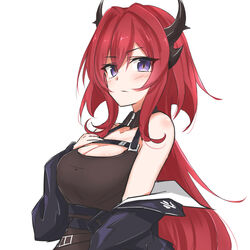  arknights bare_shoulders belt black_belt black_dress black_jacket breasts chest_strap cleavage closed_mouth demon_horns detached_collar dress female hair_between_eyes hair_intakes horns jacket large_breasts long_hair long_sleeves looking_at_viewer maiq06 off_shoulder open_clothes open_jacket purple_eyes red_hair short_dress simple_background solo surtr_(arknights) upper_body white_background 