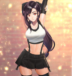  arm_behind_back arms_up artist_name black_gloves black_skirt black_thighhighs breasts collarbone cowboy_shot crop_top dangle_earrings earrings elbow_gloves female final_fantasy final_fantasy_vii final_fantasy_vii_remake gloves highres jewelry large_breasts long_hair looking_at_viewer low-tied_long_hair midriff momo_nei navel pleated_skirt red_eyes skirt smile solo stretching suspender_skirt suspenders swept_bangs tank_top thighhighs thighs tifa_lockhart twitter_username white_tank_top zettai_ryouiki 