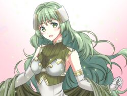  armor blush breastplate commentary_request curly_hair elbow_gloves female fire_emblem fire_emblem_echoes:_shadows_of_valentia gloves green_eyes green_hair hair_ornament kakiko210 long_hair open_mouth solo sparkle tatiana_(fire_emblem) upper_body 