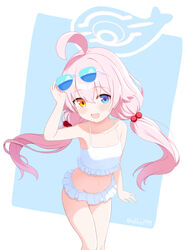  :d ahoge bikini blue_archive blue_background blue_eyes blush breasts cementite collarbone eyewear_on_head female frilled_bikini frills hair_between_eyes hair_bobbles hair_ornament halo heterochromia highres hoshino_(blue_archive) hoshino_(swimsuit)_(blue_archive) long_hair looking_at_viewer low_twintails navel oerba_yun_fang official_alternate_costume open_mouth pink_hair simple_background small_breasts smile solo standing stomach sunglasses swimsuit thighs twintails twitter_username two-tone_background white_background white_bikini yellow_eyes 