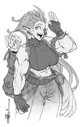  abs absurdres backpack bag bedroll breasts crop_top earrings female gloves greyscale highres jewelry joseph_virtuoso large_breasts long_hair looking_at_viewer monochrome muscular muscular_female open_mouth original pointy_ears smile solo spiked_hair turtleneck waving 