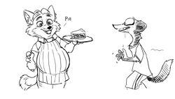  2021 4pcsset anthro biped canid canine clothed clothing disney duke_weaselton duo food fox gideon_grey holding_object least_weasel looking_at_another male male/male mammal monochrome mustelid musteline overweight overweight_anthro overweight_male red_fox simple_background true_fox true_musteline weasel zootopia 