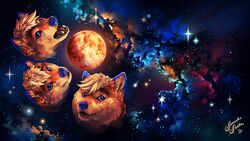  16:9 2020 4k absurd_res ambiguous_gender blue_eyes blue_nose canid canine canis charlatan-of-doom digit_(datshibe) doge dogelore domestic_dog fur group hi_res mammal meme moon orange_body orange_fur shiba_inu space spitz star three_wolf_moon whiskers widescreen 