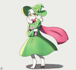  2020 anthro barefoot bovid caprine clothing darkner deltarune eyewear feet fur glasses goat green_clothing green_robe hat headgear headwear hi_res holding_clothing holding_hat holding_headgear holding_headwear holding_object horn looking_at_viewer male mammal pink_scarf ralsei robe scarf simple_background solo suru56nee undertale_(series) white_body white_fur yellow_eyes 