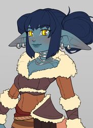  blue_hair blue_skin breasts cleavage closed_mouth collar colored_skin double_bun earrings female female_goblin fur_trim goblin grey_background hair_bun highres jewelry medium_breasts original pointy_ears roxxxan simple_background smile solo yellow_eyes 