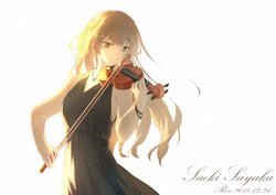  absurdres artist_name black_dress bow_(music) brown_hair character_name commentary_request dated dress facing_viewer female highres instrument jewelry long_hair music necklace playing_instrument rev_(919343173) saeki_sayaka sleeveless sleeveless_dress solo standing violin white_background yagate_kimi_ni_naru yellow_eyes 