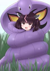  arbok black_hair blunt_bangs blush bound commentary_request commission constriction crossover female forked_tongue grass headgear junes open_mouth pokemon pokemon_(creature) red_eyes short_hair short_twintails skeb_commission snake_bondage tongue touhoku_kiritan twintails voiceroid 