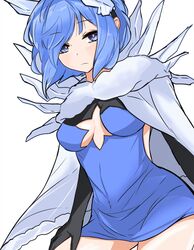  absurdres black_gloves blue_eyes blue_hair breasts cape capelet center_opening cowboy_shot dress elbow_gloves expressionless female fire_emblem fire_emblem_heroes fur-trimmed_capelet fur_trim gloves hairband highres ice ice_horns looking_at_viewer medium_breasts nifl_(fire_emblem) short_dress short_hair simple_background solo tavi_(hosheezus) thighs white_background white_cape white_capelet 