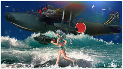  ahoge aircraft airplane akitsushima_(kancolle) akitsushima_(swimsuit_mode)_(kancolle) bikini bird blue_sky border closed_eyes commentary_request female flying_boat full_body h8k highres kantai_collection long_hair nishikitaitei-chan polka_dot purple_hair running seagull side_ponytail sky swimsuit timmyyen vehicle_focus waves white_border 