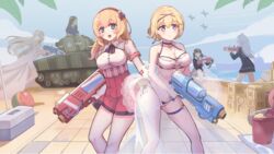  6+girls aircraft aircraft_carrier arizona_(azur_lane) azur_lane beach bikini black_hair black_serafuku blonde_hair blue_eyes blush breasts brest_(azur_lane) brown_hair choker cleavage cross cross_choker edinburgh_(azur_lane) halterneck high-waist_skirt holding holding_water_gun horizon jeanne_d&#039;arc_(azur_lane) jeanne_d&#039;arc_(saintess_of_the_sea)_(azur_lane) leander_(azur_lane) m4_sherman medium_breasts medium_hair military military_vehicle motor_vehicle multiple_girls noshiro_(azur_lane) ocean official_alternate_costume outdoors palm_leaf pleated_skirt sailor_collar sand_bucket sand_castle sand_sculpture sarong school_uniform see-through serafuku ship short_sleeves skindentation skirt standing swimsuit tank thigh_strap warship water_gun watercraft white_bikini white_hair white_sailor_collar white_sarong wooden_floor zhainan_s-jun 