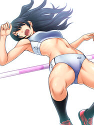  arched_back black_hair black_socks blue_eyes buruma commentary_request female high_jump highres kuri_(kurigohan) long_hair midriff nishi_(company) open_mouth original photoshop_(medium) socks solo sports_bikini sportswear track_and_field 