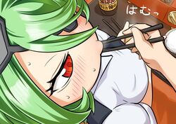  :&gt; @_@ bad_id bad_pixiv_id blush chopsticks eyelashes eyepatch feeding female food gloves hair_over_one_eye kabeu_mariko necktie orange_eyes otonashi_kiruko out_of_frame police police_uniform policewoman rice shinmai_fukei_kiruko-san solo_focus sweat translation_request uniform 