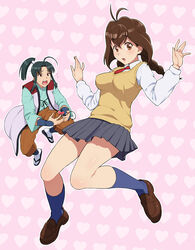  1boy :o ahoge antenna_hair black_eyes black_hair black_ribbon blue_legwear blush braid brown_eyes brown_hair brown_pants collared_shirt commentary_request eyepatch female flying_sweatdrops full_body grey_skirt heart heart_background heart_eyepatch heart_necklace highres japanese_clothes jewelry jubei-chan kneehighs loafers long_sleeves looking_at_viewer nanohana_jiyuu necklace necktie nigou odagou_koinosuke open_mouth pants pendant pink_background pleated_skirt ponytail red_necktie ribbon sandals school_uniform shirt shoes short_hair simple_background skirt socks sweater_vest twin_braids unworn_eyepatch vest white_legwear white_shirt 