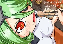  @_@ bad_id bad_pixiv_id blush chopsticks commentary_request eyelashes eyepatch feeding female food gloves green_hair hair_over_one_eye kabeu_mariko necktie oden orange_eyes otonashi_kiruko out_of_frame police police_uniform policewoman shinmai_fukei_kiruko-san solo_focus sweat translation_request uniform wavy_mouth 