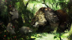  16:9 ambiguous_gender avian beak bear berry brown_body brown_feathers climbing closed_eyes detailed_background dragon&#039;s_crown dungeons_and_dragons eating family feathers feral food forest fruit group hasbro hi_res hybrid light mammal nature outside owlbear parent_(lore) plant shadow size_difference sunlight tree unknown_artist unknown_species vanillaware white_body white_feathers widescreen wizards_of_the_coast yellow_eyes young 