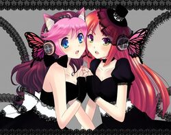  1boy animal_ears black black_dress blue blue_eyes blush bow breasts brown brown_hair butterfly cat_ears choker cleavage collarbone crossdressing dress duo eyes female female finger_nails fingernails fingers green green_eyes hair hands hat headphones hoshine_stella insects long_hair magnet male multicolored_eyes multicolored_hair music nail_polish nailpolish namine_ritsu open_mouth pink pink_hair purple purple_eyes red red_finger_nails red_hair red_nail_polish red_nailpolish shoulders song straight straight strapless_dress trap utau utauloid very_long_hair vocaloid white 