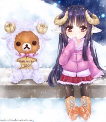  animal_costume animal_ears bad_id bad_pixiv_id black_hair black_pantyhose boots coat earrings female happy_new_year highres horns houraisan_kaguya jewelry long_hair mafe_(mafeczitha) new_year pantyhose rilakkuma san-x sheep_costume sheep_ears sheep_horns sitting skirt snow snowing touhou watermark web_address 