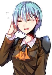  alternate_hair_length alternate_hairstyle aqua_hair ascot betti_(maron) blazer buttons closed_eyes commentary_request female flying_sweatdrops hair_between_eyes hair_ornament hairclip hand_on_own_head highres i&#039;m_such_a_fool jacket kantai_collection long_sleeves open_mouth school_uniform short_hair simple_background solo suzuya_(kancolle) teeth upper_body white_background 