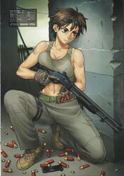  bang-you breasts brown_eyes brown_hair cleavage crop_top female gloves gun highres holding holding_gun holding_weapon large_breasts magazine_(weapon) midriff military mossberg_500 navel non-web_source original pump_action reloading shell_casing short_hair shotgun shotgun_shell smoke smoking_barrel solo squatting sunglasses sweat tank_top toned trigger_discipline weapon 