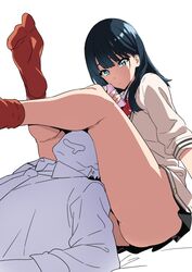  1boy ass between_legs black_hair blunt_bangs bow bowtie cardigan cellphone collared_shirt commentary_request drooling expressionless feet female gridman_universe leg_lock legs_up long_hair medium_hair multitasking open_mouth phone pleated_skirt school_uniform shirt simple_background skirt smartphone smile socks ssss.gridman straight takarada_rikka takeda_hiromitsu thighs white_background 