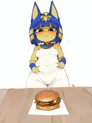  ai_generated animal_crossing ankha_(animal_crossing) bbw black_eyes blue_hair blush burger catgirl egyptian egyptian_cat egyptian_female hamburger no_bra small_breasts ttt_ia23 yellow_skin 