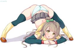  1girls absurdres ass ass_up female green_ribbons hair_ribbon highres jack-o_pose linatai long_hair looking_at_viewer love_live! love_live!_school_idol_project minami_kotori open_mouth panties ribbon shimapan skirt solo striped striped_panties top-down_bottom-up underwear white_background 