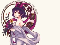  alternate_costume art_nouveau back bare_shoulders bouquet commentary_request dress female flower hat hat_ribbon highres himaya lips nagae_iku purple_hair red_eyes ribbon shawl short_hair solo stained_glass sunflower touhou 