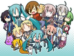  &gt;_&lt; 2boys 6+girls akita_neru alcohol animal_hat beer black_pants bow canine cat_hat chibi chibi_miku closed_eyes commentary crop_top crossover everyone fl-chan fl_studio grey_hair grey_shirt hairbow hamo_(dog) handheld_game_console hat hatsune_miku heterochromia highres kagamine_len kagamine_rin kaito_(vocaloid) kasane_teto kiyone_suzu long_hair megurine_luka megurine_luka_(toeto) meiko_(vocaloid) midriff minami_(colorful_palette) momone_momo multiple_boys multiple_girls necktie pants playstation_portable shirt spring_onion sweatdrop the_thing_not_quite_sure_what_it_is toeto_(vocaloid) twintails utane_uta utau vocaloid yokune_ruko yowane_haku yowaneko |_| 