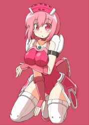  :o blush breast_hold breasts choker commentary_request elenor_camuel female fingerless_gloves gloves headdress kneeling leotard looking_at_viewer maid_headdress naitou_kouse phantasy_star phantasy_star_online pink_background pink_eyes pink_hair pink_leotard pink_theme racaseal short_hair simple_background solo thighhighs white_thighhighs 