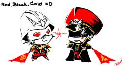  2boys char_aznable chibi commissar crossover gundam hat helmet male_focus mask military military_uniform mobile_suit_gundam multiple_boys uniform warhammer_40k yuikami 