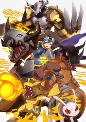  1boy agumon armor bad_id bad_pixiv_id brown_eyes brown_hair claws copyright_name crest digimon digimon_(creature) digimon_adventure digimon_crest evolutionary_line fire gloves goggles goggles_on_head greymon hajime_(hajime-ill-1st) helmet koromon metalgreymon multiple_persona sharp_teeth teeth wargreymon yagami_taichi 