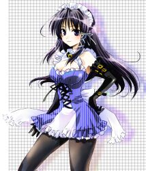  asako_(asako159) bad_id bad_pixiv_id black_hair black_pantyhose breasts cleavage elbow_gloves female fortune_arterial gloves kuze_kiriha large_breasts long_hair maid_headdress pantyhose purple_eyes smile solo 