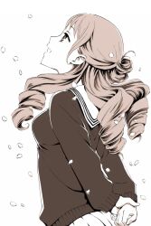  akutagawa_manbou arms_behind_back cardigan commentary_request drill_hair female hanasaku_iroha long_hair looking_up monochrome open_mouth own_hands_together petals school_uniform serafuku skirt smile solo sweater wakura_yuina 