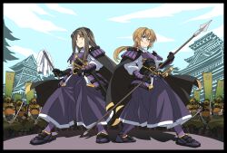  2girls architecture armor army back-to-back bad_id bad_pixiv_id banzai_nekomimi battle blue_eyes breastplate brown_hair building cape castle cloud day east_asian_architecture fighting_stance gohei green_hair hair_ornament hakama hakama_pants hakama_skirt highres japanese_armor japanese_clothes katana long_hair mask multiple_girls oonusa pants polearm purple_hakama rance_(series) samurai sengoku_rance serious siblings sisters skirt sky smile spear surrounded sword tabi uesugi_katsuko uesugi_torako war weapon yellow_eyes 