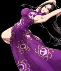  amazon armpits arms_up black_hair blue_eyes boa_hancock breasts china_dress chinese_clothes dress earrings female hairu highres jewelry large_breasts long_hair marineford one_piece purple_dress shichibukai side_slit sideboob simple_background 