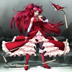  absurdres boots bow candy chains commentary_request female food hairbow highres lollipop long_hair magical_girl mahou_shoujo_madoka_magica mahou_shoujo_madoka_magica_(anime) polearm ponytail raionsan red_eyes red_hair sakura_kyoko sakura_kyoko_(magical_girl) solo spear thighhighs tongue weapon 