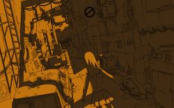  a.hebmuller air_conditioner alley bad_id bad_pixiv_id bag car clothesline duffel_bag dutch_angle female from_behind ladder license_plate monochrome motor_vehicle original peace_symbol scenery school_uniform sepia solo 