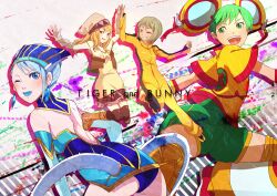  4girls :p ass bad_id bad_pixiv_id blue_rose crystal_earrings detached_sleeves dragon_kid earrings grin high_five highres huang_baoling jewelry karina_lyle lipstick makeup multiple_girls one_eye_closed photoshop_(medium) shorts smile thighhighs tiger_&amp;_bunny tongue tongue_out ume_(plumblossom) 