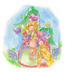  2boys bird blonde_hair bud_(lom) cloak commentary_request female flower frog green_eyes hat hydrangea leaf leaf_umbrella legend_of_mana lisa_(lom) lolicon mihoka multiple_boys open_mouth purple_eyes purple_hair rain robe seiken_densetsu toto_(lom) 