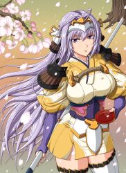  armor cherry_blossoms commentary_request corset cup female fingerless_gloves gloves hair_ornament highres japanese_clothes md5_mismatch mucoro pauldrons polearm purple_eyes purple_hair rance_(series) sakazuki sengoku_rance senhime shoulder_armor smile solo spear thighhighs tree weapon zettai_ryouiki 