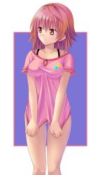  ass_visible_through_thighs bare_legs bottomless brown_hair commentary_request female genderswap_(mtf) impossible_clothes impossible_shirt orange_(meitoku) red_eyes rule_63 scowl shirt shirt_tug short_hair solo star_(symbol) to_love-ru yuusaki_riko 